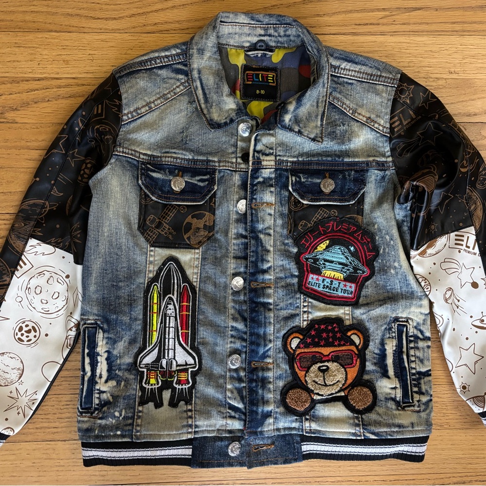 Elite Blue and Black Jean Jacket with Patches size 8-10